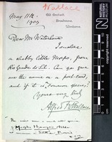 Sent by Alfred Russel Wallace to Charles Owen Waterhouse on 11 May 1909.