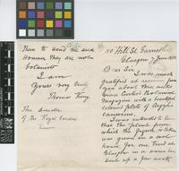 Letter from Thomas King to Sir William Thiselton-Dyer; from 110 Hill Street, Garnethill, Glasgow; 7 June 1895; four page letter comprising two images; folio 122