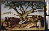 'War dance under a fig tree by Zulus'; oil on canvas.